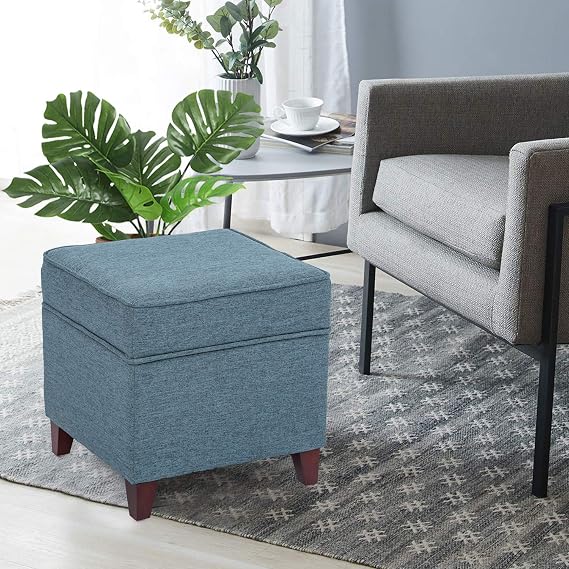 Homebeez 17 Inch Storage Ottoman Square Footrest Fabric Stool Cube with Wooden Legs for Living Room, Blue