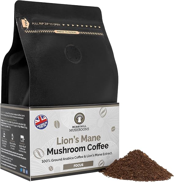 Merryhill Mushrooms - Lion’s Mane Mushroom Ground Coffee - Focus | Adaptogenic, Medium Roast Mushroom Coffee Made With Lion's Mane Extract (250g)