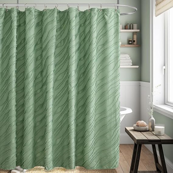 ORTIGIA Boho Green Shower Curtain Tufted Textured Fabric Cloth Bath Curtain, Sage Green Modern Farmhouse Minimalist Shabby Chic Bathroom Bath Shower Curtain with Metal Hooks 72x72 Inch