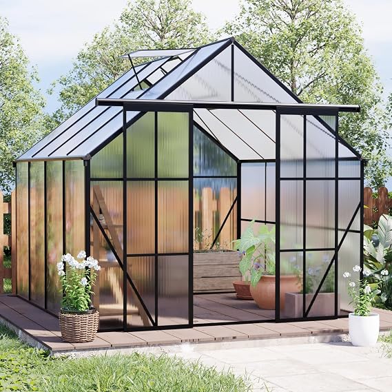8x8 FT Outdoor Greenhouse, Heavy Duty Polycarbonate Green House with Raised Base and Double Sliding Doors, Aluminum Walk-in Greenhouses with Adjustable Roof for Outdoor Backyard, Black