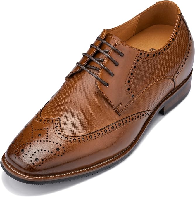 CALTO Men's Invisible Height Increasing Elevator Shoes - Premium Leather Wing-tip Lace-up Formal Oxfords - 3 Inches Taller
