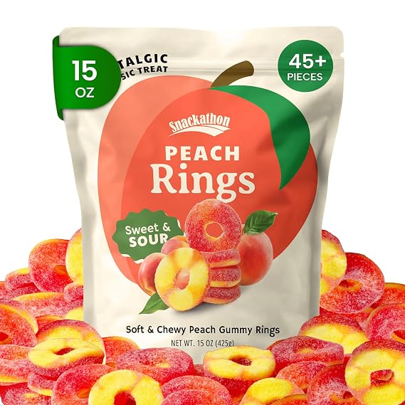 Snackathon Peach Rings Gummy Candy, 15 oz, Soft & Chewy Peach Gummies