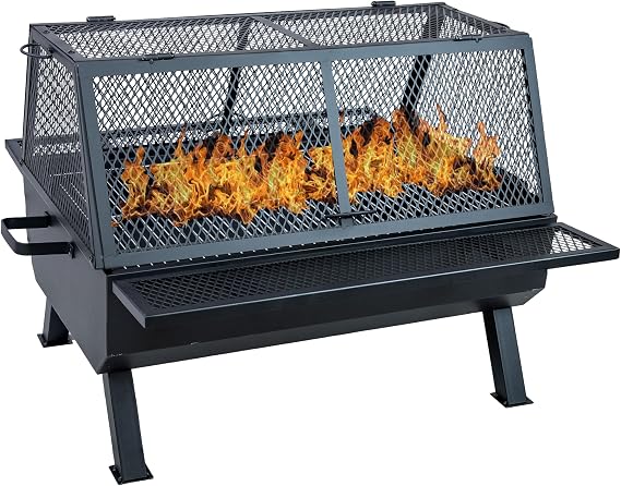 Sunnydaze 36" Rectangle Fire Pit with Grill, Spark Screen, Cover, Poker | Black, Durable Steel, Wood Burning Fire Pit Table for Outside Patio, Rectangular Firepit with Cooking Grate for Backyard BBQ