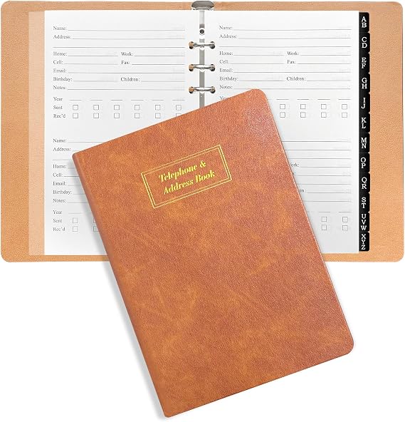 Refillable Address Book with Alphabetical Tabs for Christmas Cards Gift Tracker, Hardcover Phone Book 384 Contact Book, Password Combo Book, Large Print Address Books for Seniors, A5, Brown