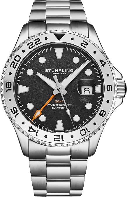 Stuhrling Original Equinox GMT 4077 Men's Quartz GMT Watch Dual-Time Movement, Bi-Directional Bezel, Stainless Steel Bracelet