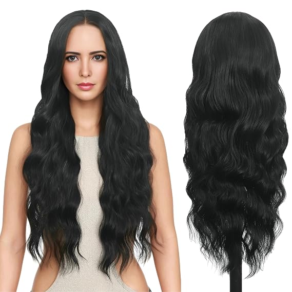 FUTAI 30 inches Long Wavy HD Lace Front Wig with Black Synthetic Hair for Women Daily Cosplay Halloween
