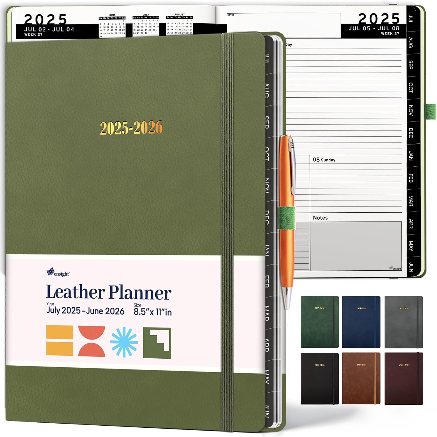 Ensight 2025-2026 HARDCOVER Leather Planner Weekly & Monthly - 8.5x11 Inches - Academic Planner Business Personal or Student - Pen Holder, Thick Paper, July 2025 - June 2026 Olive Green