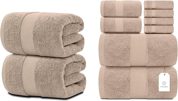 White Classic 2 Luxury Taupe Bath Sheet Towels 35 x 70 and Taupe 8-Piece Towel Set [2 Bath Towels, 2 Hand Towels, 4 Washcloths] | Cotton, Highly Absorbent and Quick Dry for Hotels, Spa and Bathroom