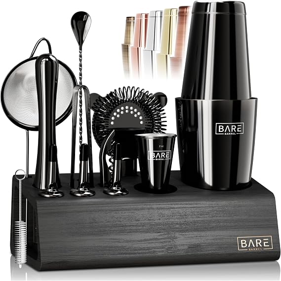 BARE BARREL® Cocktail Making Kit | 14-Piece Bartender Kit Cocktail Shaker Set Maker | Bamboo Display Stand & 35 Recipe Cards | Mixology Cocktail Gift Set (800ml/28oz Boston Shaker, Jet Black/Black)