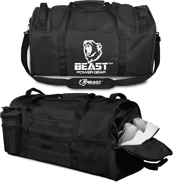 Beast Power Gear Gym Duffle Bag- Workout, Boxing, MMA, Sports Bag with Shoes Compartment and Adjustable Shoulder Strap for Men and Women (Black)