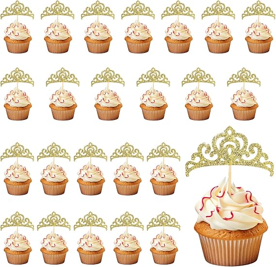 24pcs Gold Crown Cupcake Toppers Crown Cake Topper Glitter Princess Cake Topper Pick Decorations for Birthday Party, Gold Crown Picks Party Decorations for Baby Shower Wedding