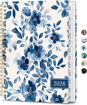 2026 Planner, Weekly and Monthly Planner for Women, January 2026 - December 2026, Hardcover 2026 Calendar Planner Book with Tabs, Inner Pocket, Spiral Bound, Perfect for Office Home School Supplies - A5 6.3" x 8.5", Blue Flower