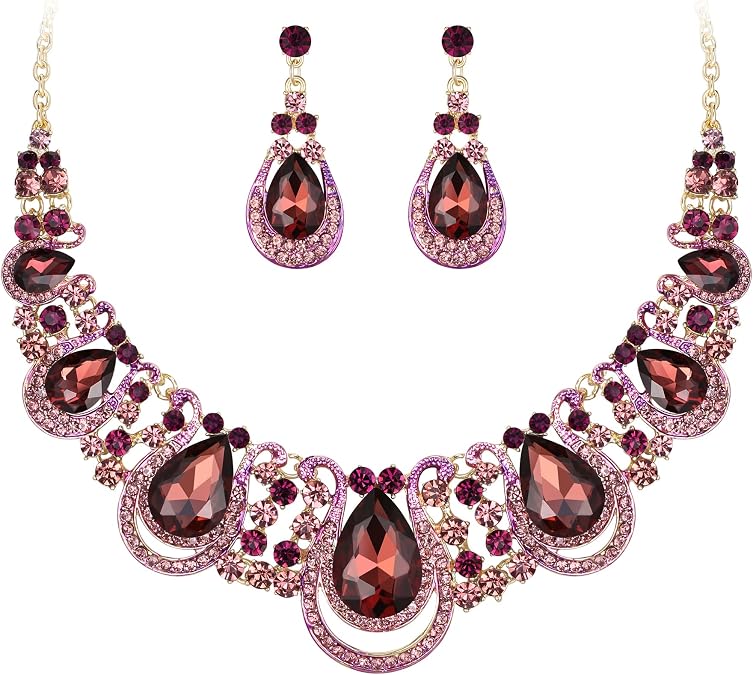 BriLove Women's Costume Fashion Crystal Teardrop Hollow Scroll Statement Necklace Dangle Earrings Set