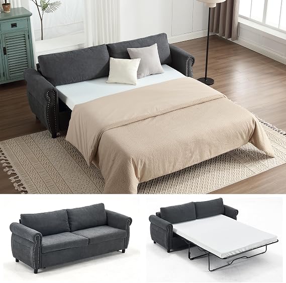 Lakifun 80.7" 2-in-1 Queen Size Convertible Sleeper Sofa Bed, with Memory Foam Mattress & Solid Wood Bed Frame, Two Seat Loveseat Pull Out Couch Bed for Living Room, Apartment and Small Space, Grey