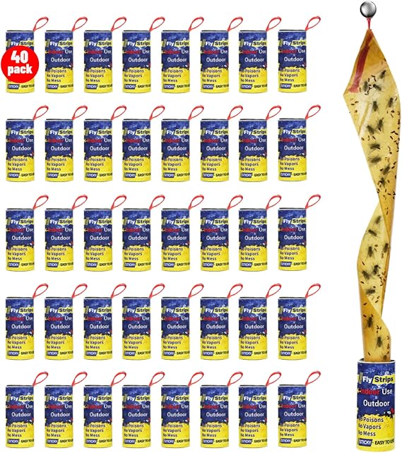 40 Pcs Fly Trap Strips Indoor Outdoor, Fruit Fly Paper Tape Sticky with Pin | Fly Ribbon Roll for Home, Bug & Gnat Catchers for Inside, House Fly Killer for Winged Insect, Mosquito