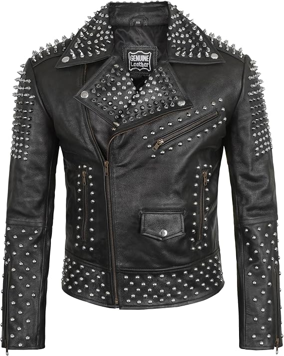 Men's Brando Motorcycle Jacket - Studded Spikes Punk Rock Multicolor Cowhide Leather Biker Jackets