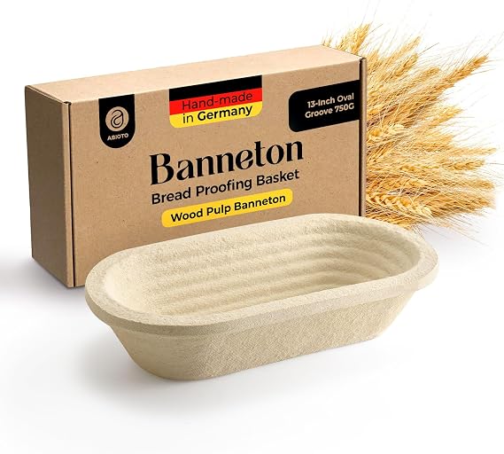 Wood Pulp Banneton Bread Proofing Basket 13" Oval 1.5LB Brotform, Grooved Pattern Non-Stick Natural Wood Pulp Pressed for Durability Made in Germany Proofing Basket for Sourdough Bread Baking
