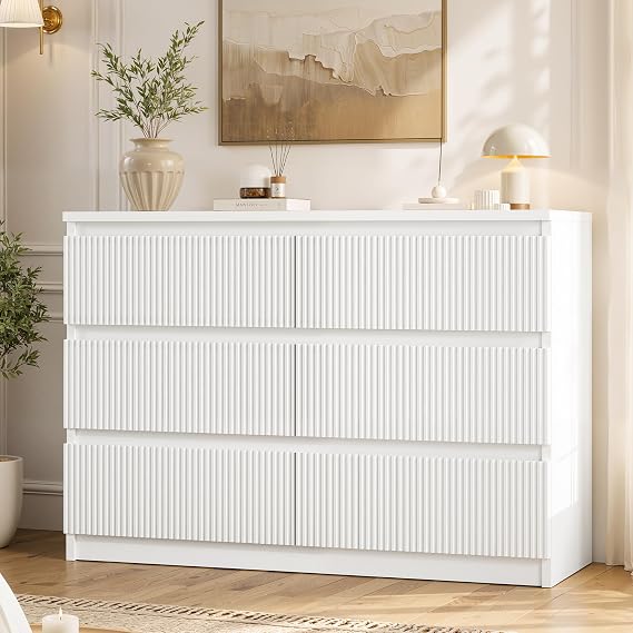 Jocoevol 6 Drawer Fluted Dresser, Modern Chest of Drawers for Bedroom with Hidden Handles, Wood Storage Organizer Cabinet for Living Room & Entryway, White (15.7" D x 47.3" W x 31.6" H)