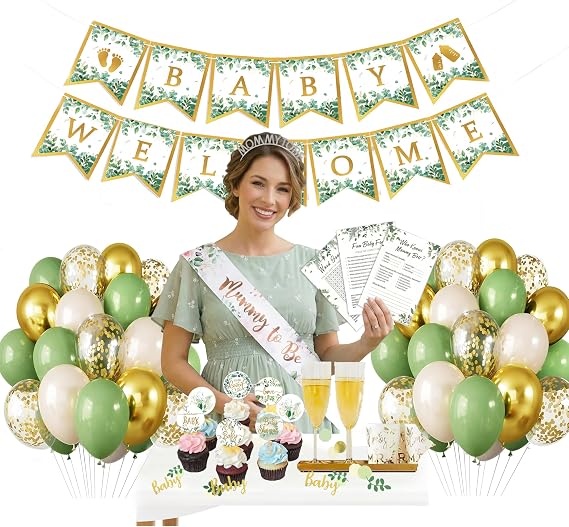 Baby Shower Decorations - 49 Pcs Sage Green Neutral Party Supplies - Eucalyptus Botanical Decor for Celebration with Games, Sash & Tiara