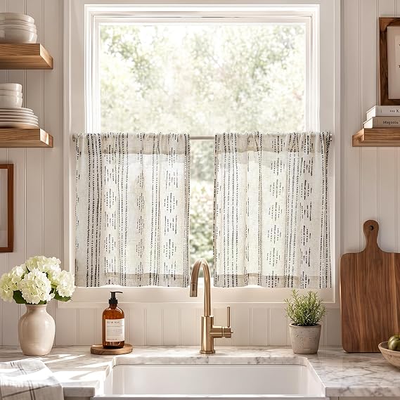 jinchan Boho Linen Tier Curtains Striped Cafe Kitchen Curtains