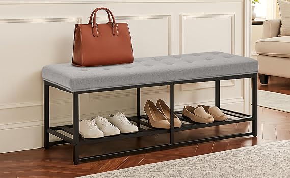 53.9" Ottoman with Storage, Entryway Bench, Upholstered Storage Ottoman Bench, End of Bed Bench with Iron Frame, Tufted Linen Fabric Foot Rest for Bedroom, Living Room, Foyer, Indoor Use Gray