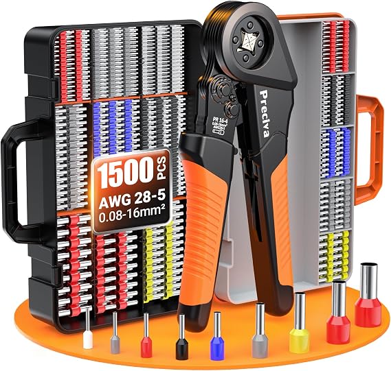Preciva Ferrule Crimping Tool Kit - AWG 28-5 (0.08-16mm2) Self-Adjustable Ratchet Ferrule Terminals Crimping Tool, Quadrilateral Ferrule Crimper with 1500Pcs Ferrules Connectors