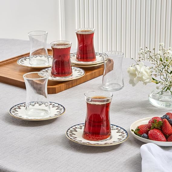Karaca Florus Turkish Tea Cups Set of 12, Turkish Tea Glasses Cups and Saucers for 6 People with Decorative Floral Design, 170ml