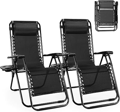 Smug Zero Gravity Chair Set of 2, Outdoor Lounge Chairs, Portable Folding Reclining Camping Chair with Adjustable Pillow & Cup Holder Trays for Patio Garden Lawn Beach - Black