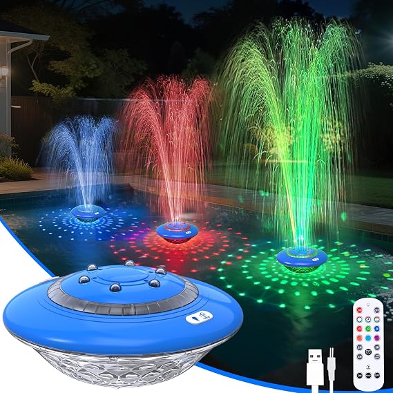 Floating Pool Fountain with Lights Show, 9 Pool Light Modes and 3 Fountain Modes with Remote for Inground Above Ground Pool, Upgraded Rechargeable Pool Fountains with Anchor-1 PC