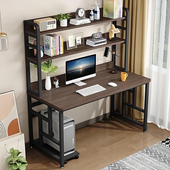 Computer Desk with Hutch & Bookshelf, Industrial Desk Study Writing Desk Workstation with Storage Shelf for Home Office(47Inch, Oak + Black Frame)