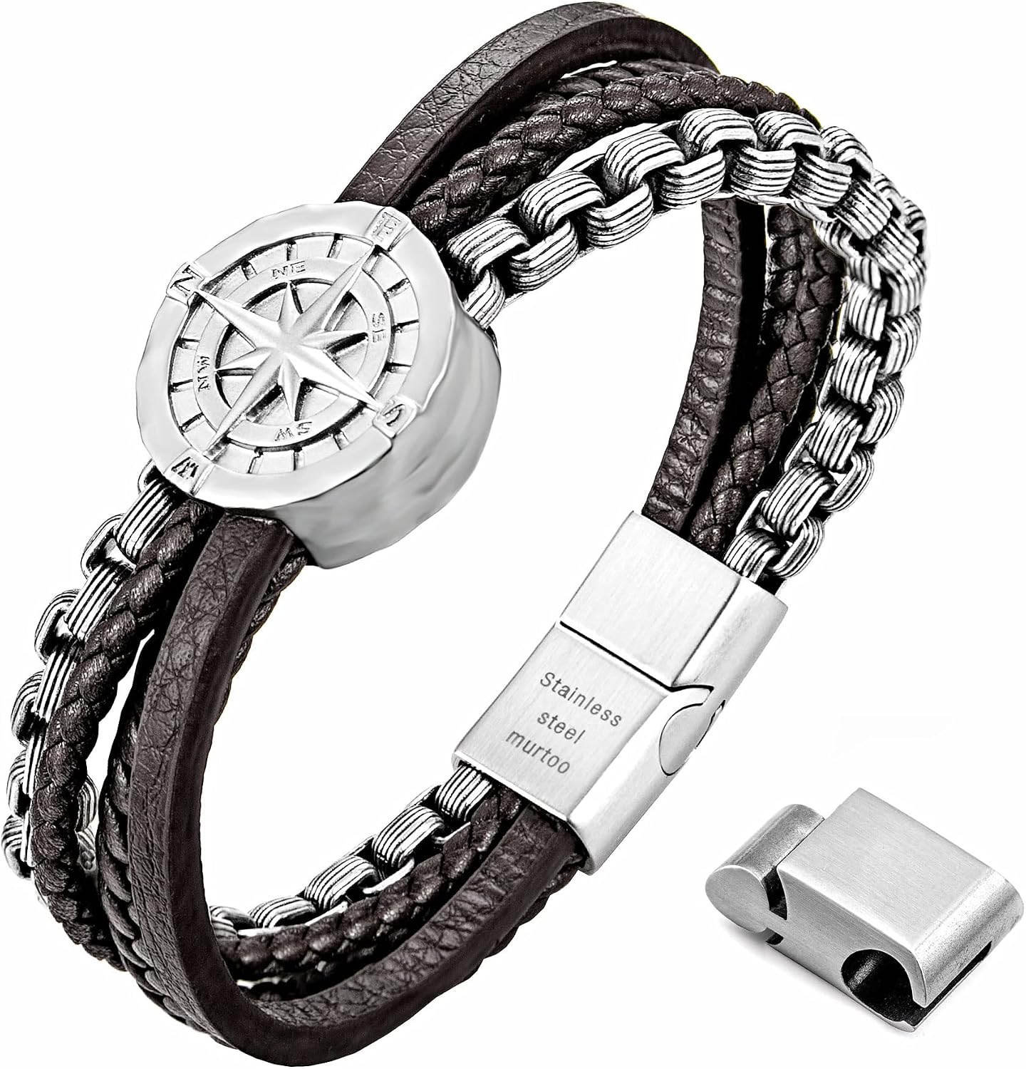 murtoo Mens Bracelet, Leather and Steel, Multi-layer Leather Bracelet for Men with Compass, Gift Idea for Boyfriend Husband Father