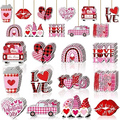 Jetec 36 Pcs Valentines Day Wooden Hanging Ornaments Valentines Tree Decorations Pink Red Heart Gnome Wood Cutouts with Ropes XOXO Love Signs Pendants Valentines Day Decor for Home Party Decoration