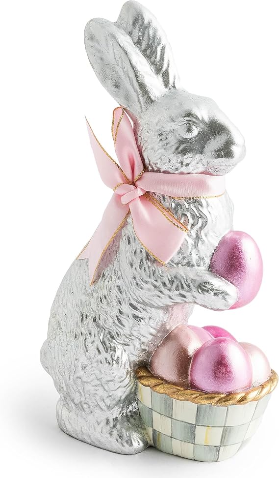 MACKENZIE-CHILDS Touch of Pink Foil Bunny, Cute Bunny Figurine, Spring Rabbit Decor and Easter Decor, Silver