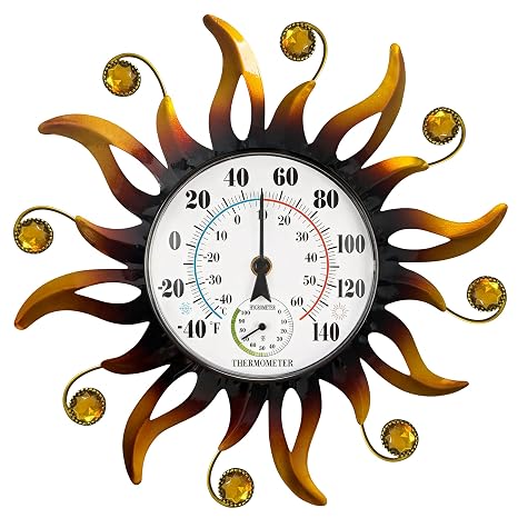 13" Sun Outdoor Thermometer Hygrometer, Metal Wall-Mounted Thermometer | Waterproof Decor for Patio, Garden, Garage & Indoor, Outdoor Thermometers Humidity Gauge, Easy-to-Read No Battery Needed Gift