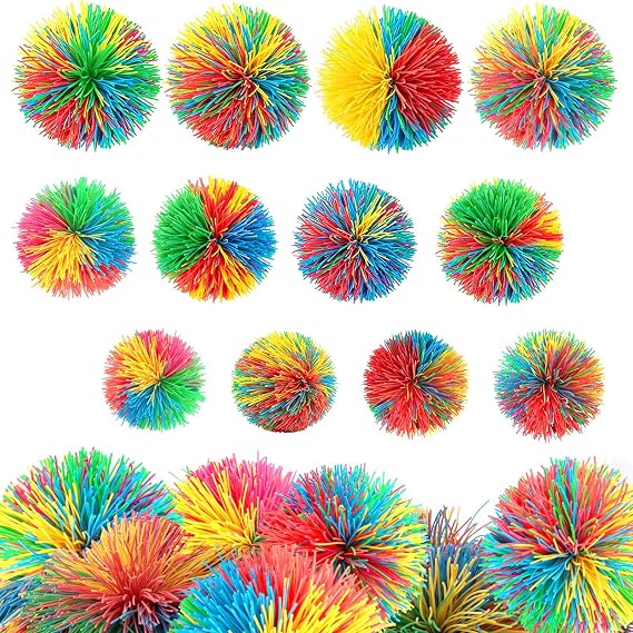 12PCS Stringy Sensory Fidget Balls, Bouncy Squishy Fidget Toys for Kids Adults, Sensory Play Toy for Indoor Outdoor Beach Activities (3 Sizes)