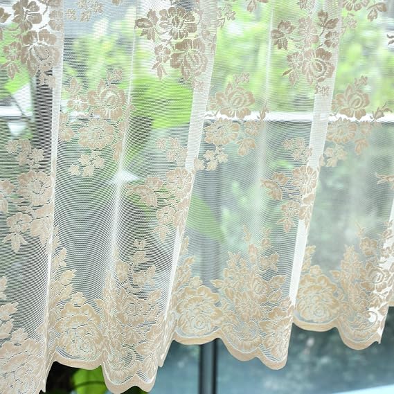 Kotile Beige Lace Valance Curtain for Kitchen Window W52 x L18 Inch 1 Panel