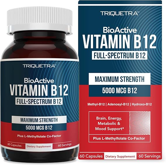 BioActive Vitamin B12 - 5000 mcg, Contains 3 BioActive Forms Methylfolate Cofactor - Methyl B12, Adenosyl B12 & Hydroxy B12 | Supports Energy, Metabolism & Mood | Vegan, Non-GMO (60 Servings)