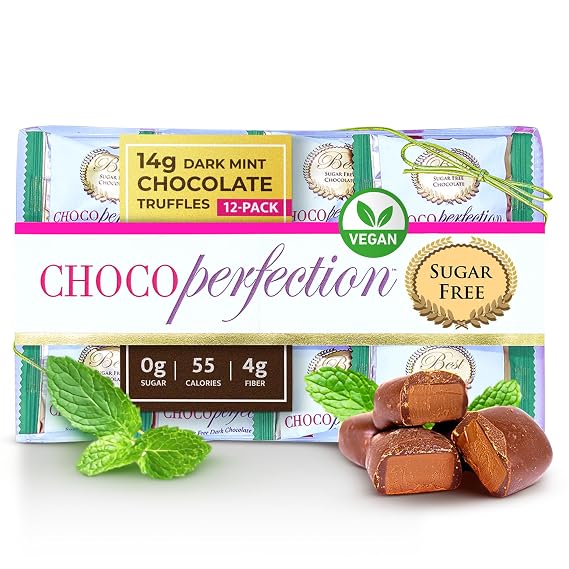 ChocoPerfection Sugar Free Dark Mint Truffles - Smooth European Style Chocolate with Cool Mint Filling, Low Glycemic High Fiber Individually Wrapped Dessert Treat, Snack Kosher Food - 12 Pack