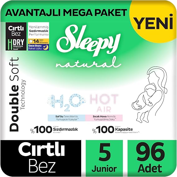 Sleepy Natural Double Soft Avantajlı Mega Paket Bebek Bezi 5 Numara Junior 96 Adet