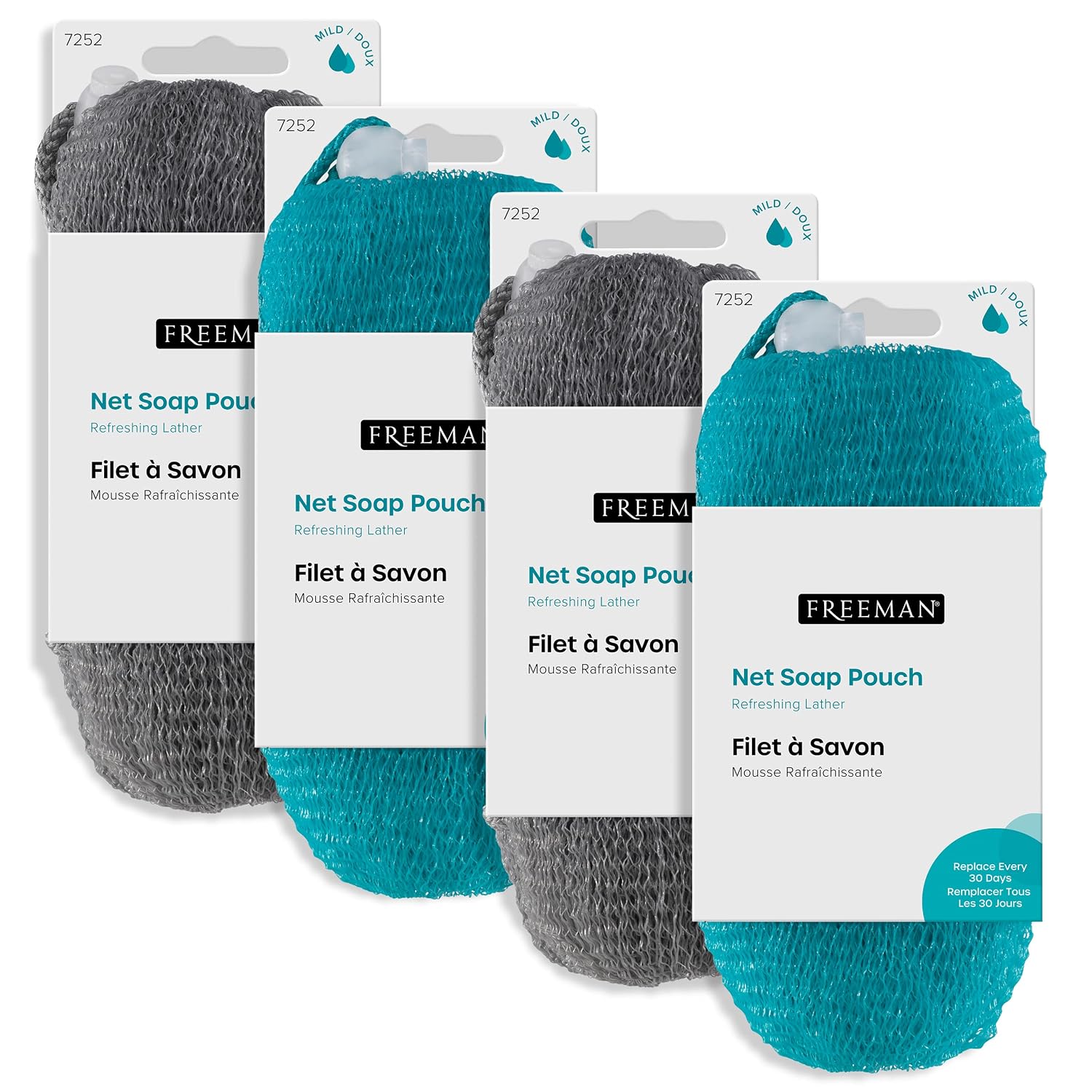 Freeman Net Soap Pouch, Exfoliating Mesh Body Scrubber, Bath & Shower Pouf Removes Dead Skin, Dirt, Impurities, for Soap Bars, Textured Netting for Mild Exfoliation, Self-Tan Prep, 4 Count