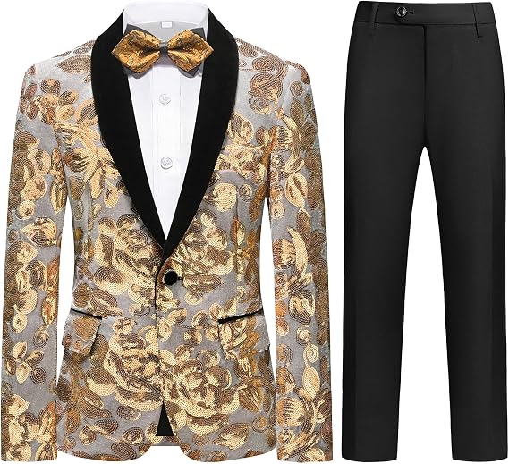 Lamgool Boys Tuxedo Suit Slim Fit Formal Set 2 Pieces with Floral Jacquard Sequin Blazer Black Pants for Kids Prom Wedding