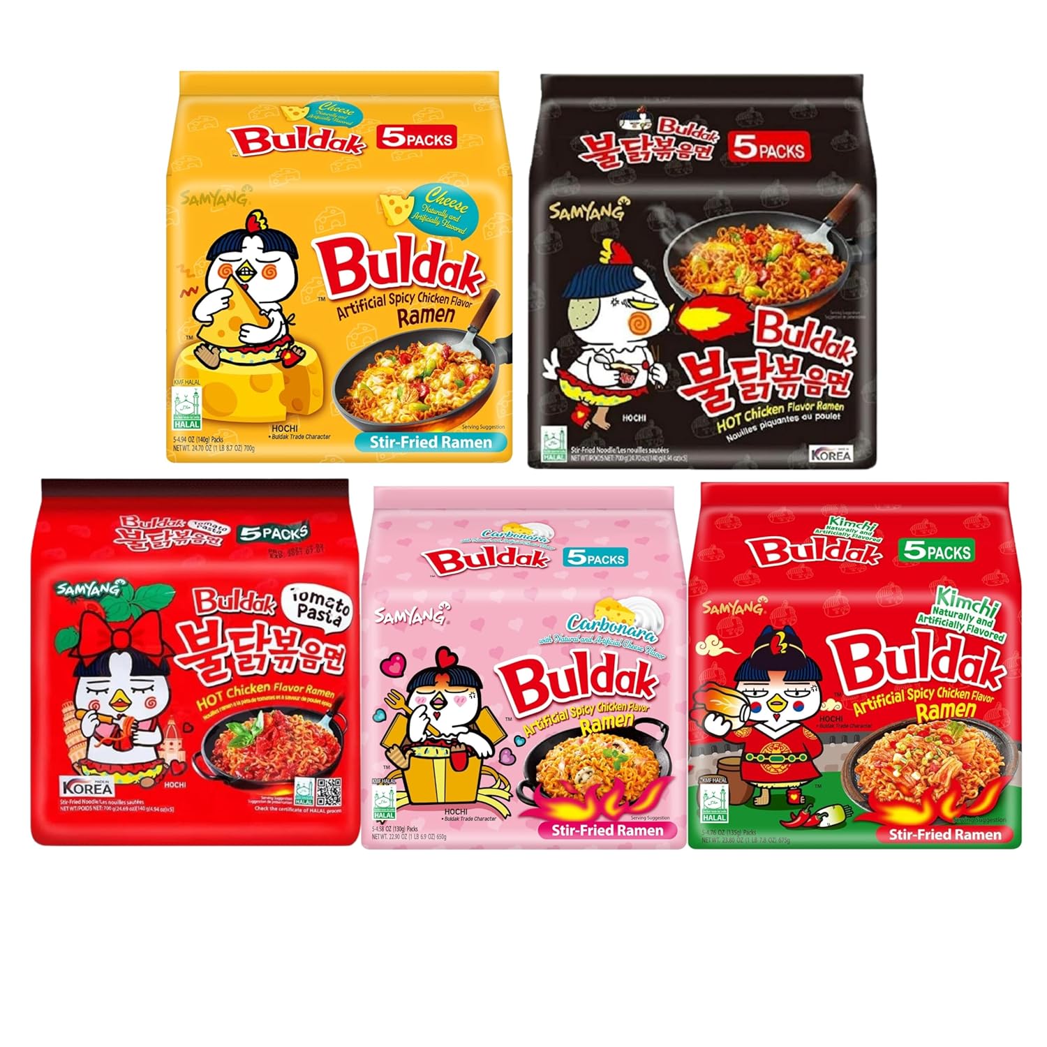 25 Packs Buldak Korean Ramen Noodle Bundle of 5 Flavors 25 packs total - Original Spicy, Carbonara, Cheese, Tomato Pasta, Kimchi