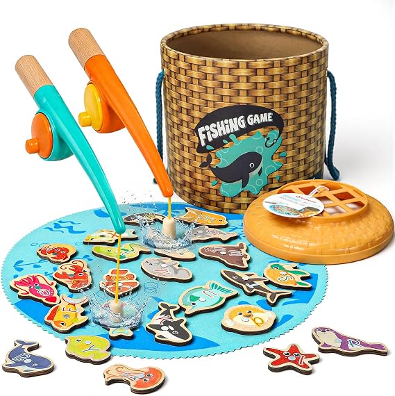 TOP BRIGHT Wooden Magnetic Fishing Game, Montessori Toy for Ages 3+