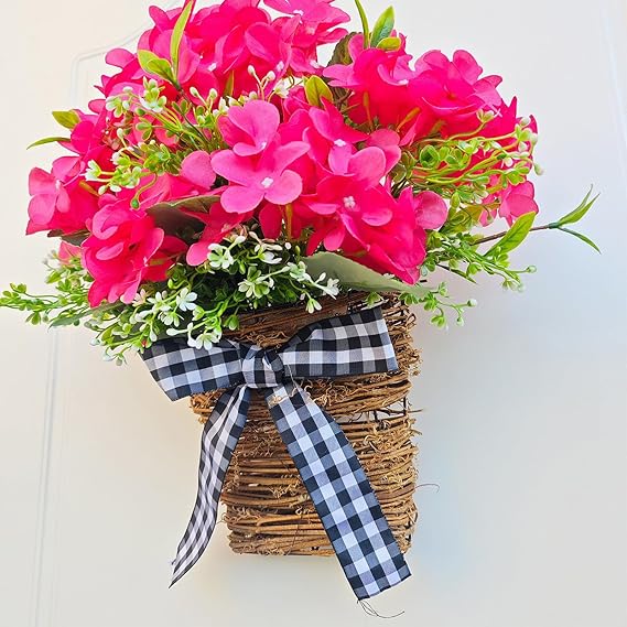 Door Hanger Basket Wreath, Pink Geranium Flowers Door Hanging Basket Wreath, Front Door Artificial Spring and Summer Wreath Welcome Sign, Home Porch Farmhouse Decor
