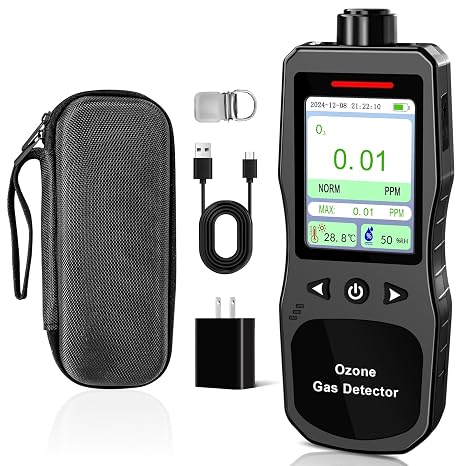 Portable Ozone Detector, 0-20 PPM Ozone Gas Monitor with 0.01 PPM High Resolution, 16H Long Battery Life, Ozone Meter with Alarm, O3 Air Quality Monitor with Temp & Humidity Tester