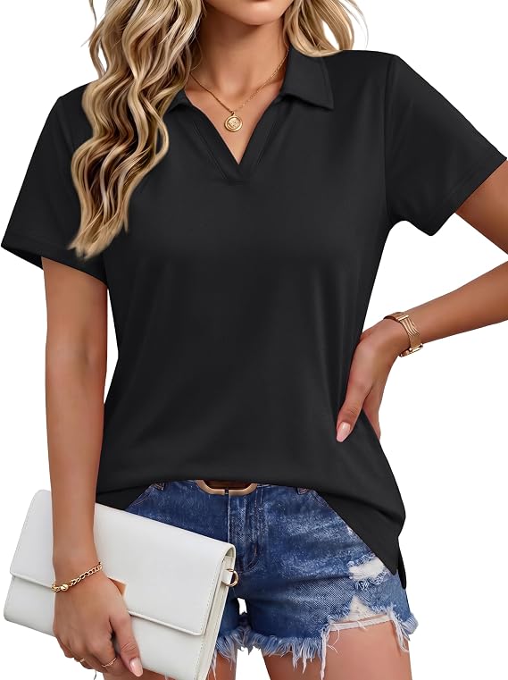 MAGCOMSEN Women's Polo Shirts Cotton Short Sleeve V-Neck Collared Tops Golf Shirt Work Casual Summer Tee