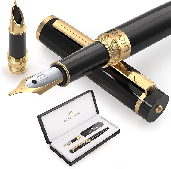 Dryden Designs Fountain Pen - Medium Nib and Fine Nib | Includes Luxury Box, 6 Ink Cartridges - 3 Black 3 Blue and Ink Refill Converter - Intense Black