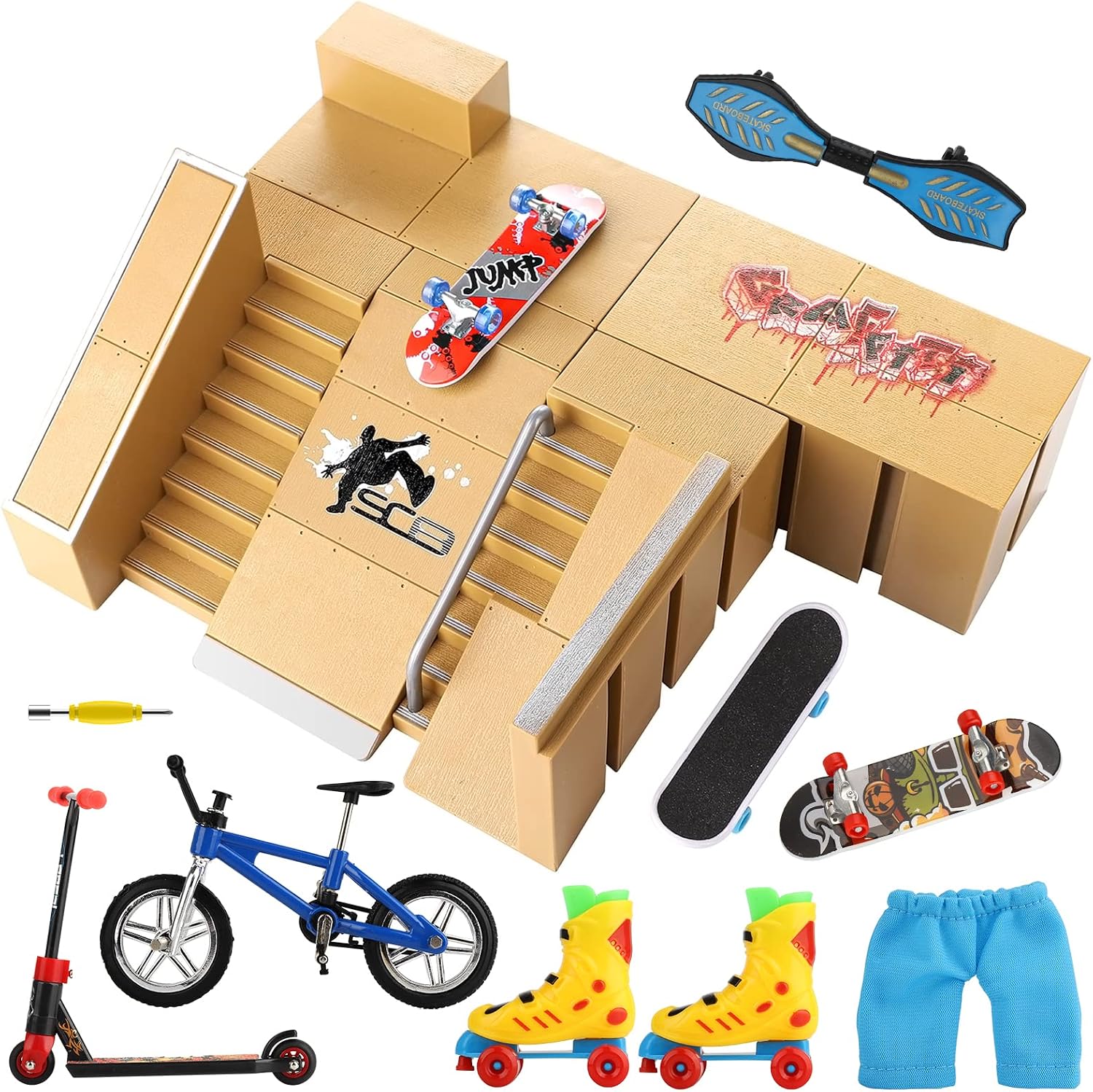 Finger Skateboard Ramp Set 16 Pcs - Pro Fingerboard Mini Skatepark Kit 5 Pieces &amp; Finger Toys Set Including Finger Boards Scooters Skates Bikes Caster Boards Skateboards for Kids Gifts