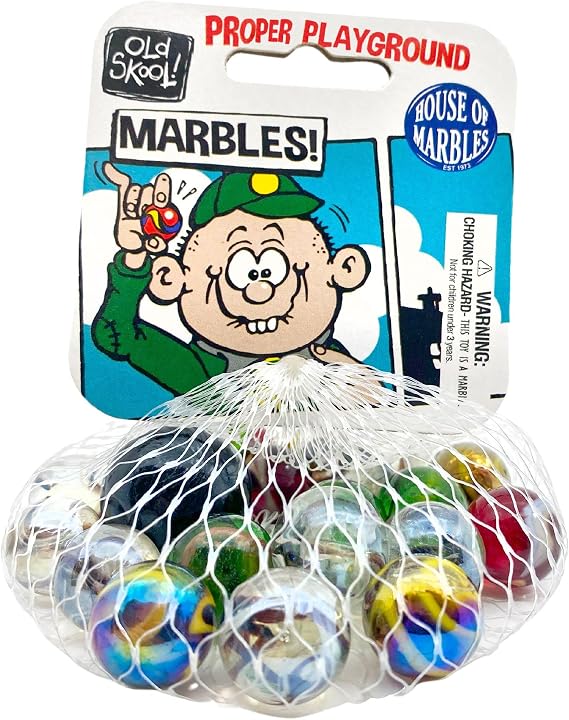 House of Marbles Old Skool Net Bag of Marbles, 21-Piece Traditional Glass Marble Set with Classic Clear and Coloured Swirls plus Larger Shooter for Games and Collecting