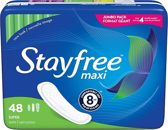 Stayfree Maxi Super Long Pads For Women, Wingless, Reliable Protection and Absorbency of Feminine Periods, 48 count